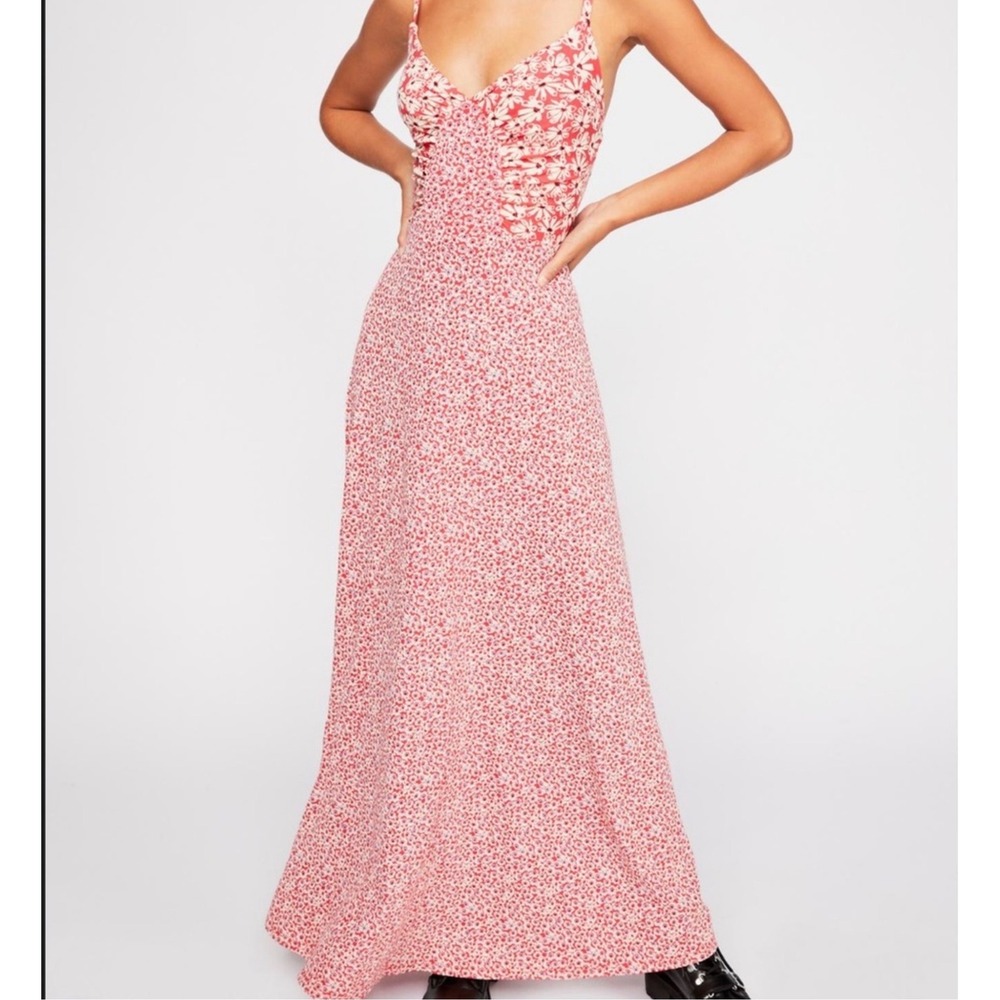 Free People Song of Summer Maxi Dress Red Floral Lace Up Back Slip Dress Large